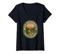 Women's Wild Motherhood Raising Explorers Bear Patch Mom Mothers Day V-Neck T-Shirt