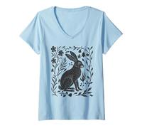 Womens Wild Rabbit Hare Linocut Nature Lino Print Folk Art Forest V-Neck T-Shirt
