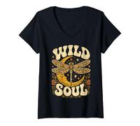 Women's Wild Soul Dragonfly Moon Celestial Boho Moon Spirit V-Neck T-Shirt