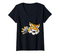 Women's Wildcat Bobcat Lynx Ice Hockey Puck Cartoon Character V-Neck T-Shirt