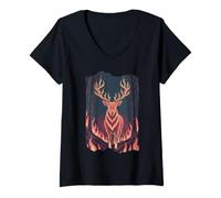 Women's Wildfire Forest Spirit Stag Deer Buck V-Neck T-Shirt