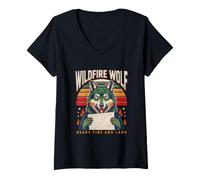 Women's Wildfire Wolf Reads Fire and Land V-Neck T-Shirt
