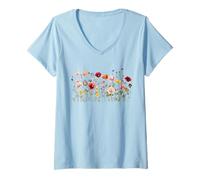 Womens Wildflower Meadow - Botanical Watercolor Flowers V-Neck T-Shirt