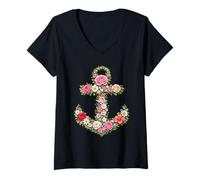 Women's Wildflowers Anchor Flower Nautical Sailing V-Neck T-Shirt