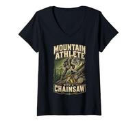 Women's Wildland Firefighter Hotshot Mountain Athlete with Chainsaw V-Neck T-Shirt