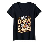 Women's Will Draw for Snacks Artist Drawing Creative Pun V-Neck T-Shirt