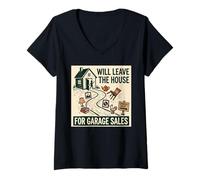 Women's Will Leave The House for Garage Sales Linocut V-Neck T-Shirt