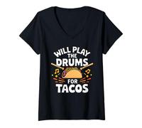 Womens Will Play The Drums for Tacos Fun T Shirt for Drummers V-Neck T-Shirt