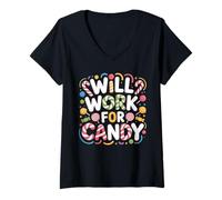 Womens Will Work for Candy Children's Candy Lollipops Bear Funny V-Neck T-Shirt