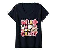 Womens Will Work for Candy Children's Candy Lollipops Bear Funny V-Neck T-Shirt
