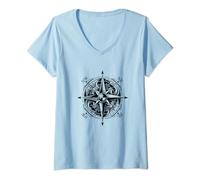 Womens Wind rose captain on the boat with steering wheel while V-Neck T-Shirt