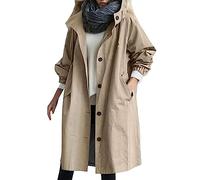 Women's Windbreaker Midi Lenght Hooded Trench Coat Wild Winter Outwear with Pockets Elegant Button Down Drawstring Oversize Jackets Ladies Cropped Outdoor Overcoats