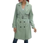 Women's Windproof Trench Coat Double Breasted Long Overcoat with Belt Notched Lapel Slim Windbreaker Outerwear, Grey Green-2, L