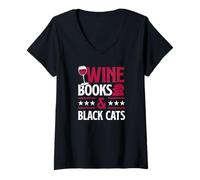 Women's Wine Books and Black Cats Red Wine Loving Book Reading V-Neck T-Shirt