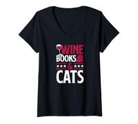Women's Wine Books and Cats Red Wine Loving Book Reading V-Neck T-Shirt
