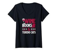 Women's Wine Books and Tuxedo Cats Red Wine Loving Book Reading V-Neck T-Shirt