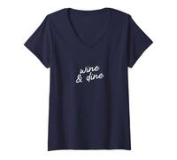 Women's Wine & Dine Funny Minimalist Wine Mom Script V-Neck T-Shirt