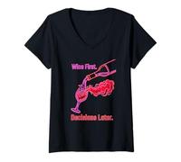 Women's Wine First Thoughts Later Retro Sign V-Neck T-Shirt