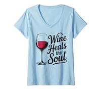 Womens Wine Heals the Soul Vintage Wine Glass Sommelier Joke V-Neck T-Shirt