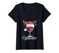 Womens WineDeer Reinbeer Funny Wine Beer Christmas Couples Matching V-Neck T-Shirt