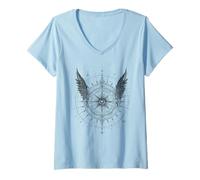 Women's Winged Compass All-Seeing Eye Mystical Dark Design V-Neck T-Shirt