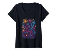 Womens Winged Horse Fireworks Dreamland V-Neck T-Shirt