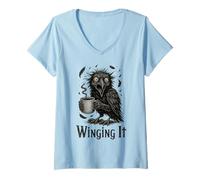 Womens Winging It - Retro Unhinged Angry Black Crow Drinking Coffee V-Neck T-Shirt