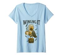 Womens Winging It - Retro Unhinged Anxious Seagull Drinking Coffee V-Neck T-Shirt