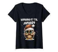 Womens Winging It 'Til January Grumpy Owl Christmas V-Neck T-Shirt