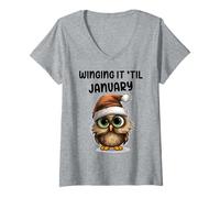 Womens Winging It 'Til January Grumpy Owl Christmas V-Neck T-Shirt
