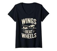 Women's Wings Beat Wheels Aviation Funny Pilot V-Neck T-Shirt