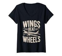 Women's Wings Beat Wheels Funny Pilot V-Neck T-Shirt