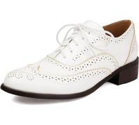 Womens Wingtips Lace Up Chunky Heel Oxford,Ladies Vintage Dressy Casual Comfortable Brogues Business Office Teacher Trendy Memory Foam Formal Round Toe Shoe (White,5)