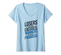 Women's Winners Make Progress, Motivational and Postive Phrase V-Neck T-Shirt