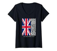 Womens Winston Churchill We Shall Never Surrender Quote UK Flag V-Neck T-Shirt