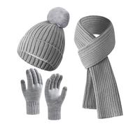 Womens Winter Beanie Hat Scarf Gloves Set, Cuffed Beanie Hat Warm Scarf and Gloves 3 PCS Winter Set, Ladies Satin Lined Skullcap Plush Ear Warmers Scarf Plush Gloves, 3 in 1 Knit Cold Weather Set
