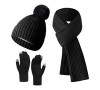 Womens Winter Beanie Hat Scarf Gloves Set, Cuffed Beanie Hat Warm Scarf and Gloves 3 PCS Winter Set, Ladies Satin Lined Skullcap Plush Ear Warmers Scarf Plush Gloves, 3 in 1 Knit Cold Weather Set