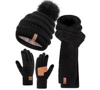 Womens Winter Beanie Hat Scarf Gloves Set, Cute Pom Pom Beanie with Warm Fleece Lined Long Knit Neck Scarf Touchscreen Gloves, 3 Piece Set for Cold Weather