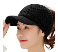 Womens Winter Beanie Hat Warm Knitted Wool Hats Cap with Visor Stretchy Keep Warm Solid Color Autumn Winter Women Sports Cap for Outdoor Running Wide Visors Women (Black, One Size)