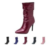 Women's Winter Boots with Heel, Elegant Boots, PU Leather, Mid-Height Winter Boots, Pointed Mid-Tube Boots, Comfortable Slip-On Boots, Plain Knee-High Boots, Fashion Women's Boots, Casual Cowboy Boots