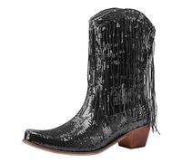 Womens Winter Boots Women Mid Calf Boots Fashionable Sequin Decoration Tassel Pattern Pointed Thick Heels Comfortable Shoes