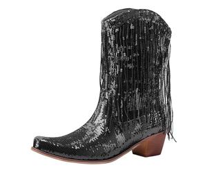 Womens Winter Boots Women Mid Calf Boots Fashionable Sequin Decoration Tassel Pattern Pointed Thick Heels Comfortable Shoes