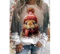 Women's Winter Bunny Snowflake Print Crew Neck Long-Sleeve Sweatshirt | Winter vibe printed pullover, soft upper-body shaping, for winter shopping, holiday party, home leisure