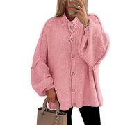 Women's Winter Button Down Cardigan Sweaters Mock Neck Lantern Long Sleeve Chunky Knit Jacket Trendy Outerwear(Pink,L)