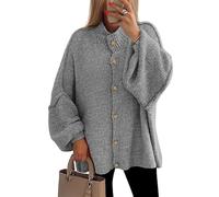 Women's Winter Button Down Cardigan Sweaters Mock Neck Lantern Long Sleeve Chunky Knit Jacket Trendy Outerwear(Gray,L)