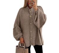 Women's Winter Button Down Cardigan Sweaters Mock Neck Lantern Long Sleeve Chunky Knit Jacket Trendy Outerwear(Khaki,S)