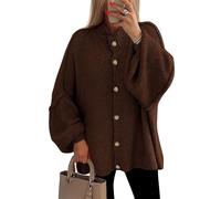 Women's Winter Button Down Cardigan Sweaters Mock Neck Lantern Long Sleeve Chunky Knit Jacket Trendy Outerwear(Brown,M)