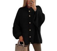 Women's Winter Button Down Cardigan Sweaters Mock Neck Lantern Long Sleeve Chunky Knit Jacket Trendy Outerwear(Black,M)