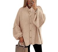 Women's Winter Button Down Cardigan Sweaters Mock Neck Lantern Long Sleeve Chunky Knit Jacket Trendy Outerwear(Apricot,M)