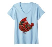 Women's Winter Cardinal Bird Holly Plaid Snowflake V-Neck T-Shirt